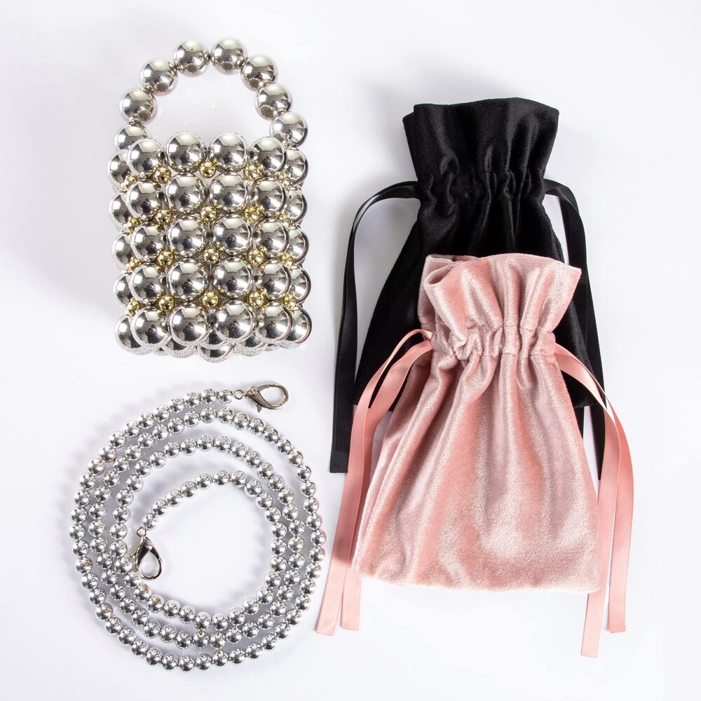 9826 Beaded Evening Bucket Bag Small Lipstick Handbag with Detachable Chain - Picture 2 of 6